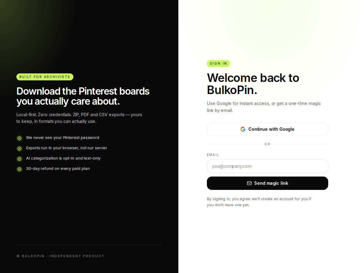 BulkoPin sign-in screen — product auth UI