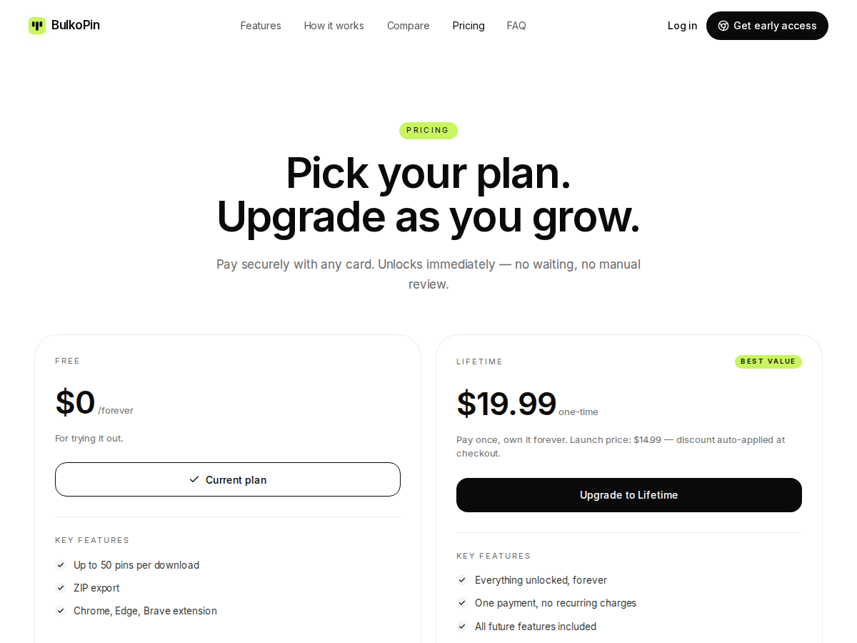 BulkoPin pricing page — free and lifetime plans