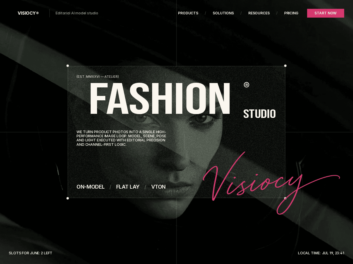 Visiocy homepage hero — editorial fashion imagery